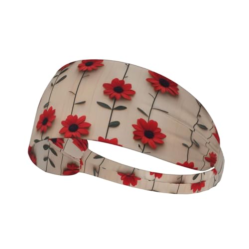 Elastisches Aldult-Stirnband für Damen und Herren, feuchtigkeitsableitend, athletisch, zum Laufen, Trainieren, Holzbrett, rotes Blumenbild von BROLEO