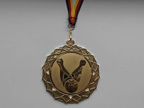 Fanshop Lünen Kegeln 1 Stück Medaillen - Große Stahl 70mm (Gold) - Kegelnsport - Kegler - mit Alu Emblem 50mm (Gold) - mit Medaillen-Band - Turnier - (e111) von Fanshop Lünen