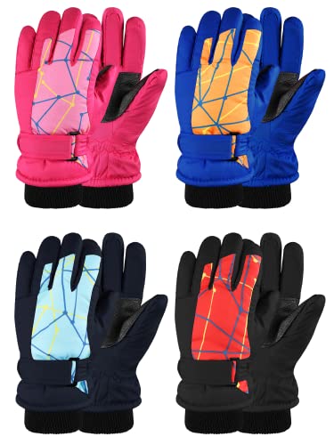 Geyoga 4 Paar Kinder Winddichte Skihandschuhe Winter Warme Schnee Handschuhe für Jungen Mädchen (Lebhafter Stil, 3-6 Jahre) von Geyoga