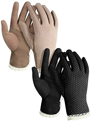 Geyoga 2 Paar UV Schutz Handschuhe Sommer Frauen Driving-Handschuhe rutschfeste Handschuhe für Autofahren Atmungsaktiv Sonnenschutz Handschuhe Dünn Spitze Baumwollhandschuhe Damen(Kaffee,Schwarz) von Geyoga