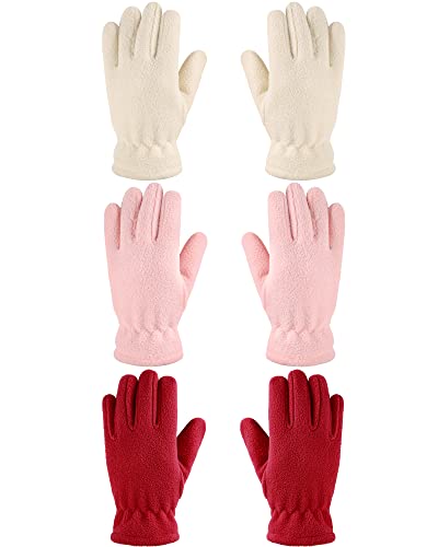 Geyoga 3 Paar Kinder Vlies Handschuhe Vollfinger Fäustlinge für Jungen Mädchen (Hellrosa, Beige, Rot, S (4-7 Jahre)) von Geyoga