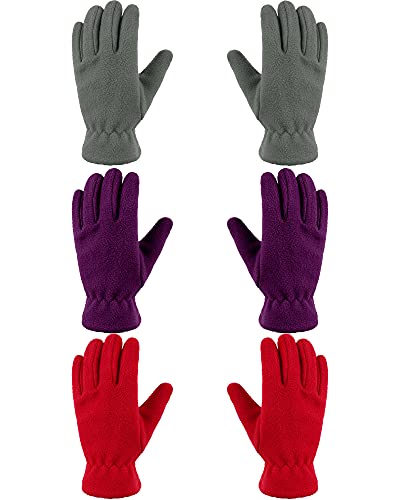 Geyoga 3 Paar Kinder Vlies Handschuhe Vollfinger Fäustlinge für Jungen Mädchen (Lila, Grau, Rot, M (8-12 Jahre)) von Geyoga