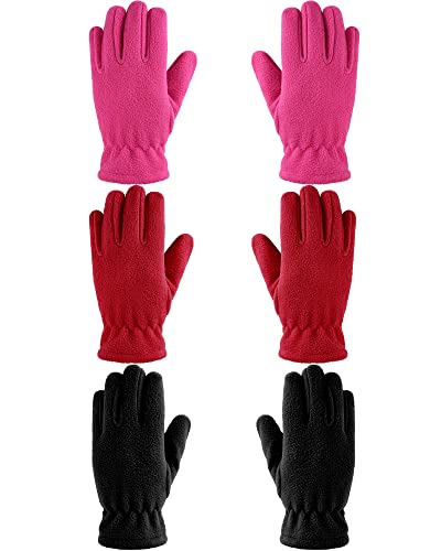 Geyoga 3 Paar Kinder Vlies Handschuhe Vollfinger Fäustlinge für Jungen Mädchen (Rosenrot, Schwarz, Rot, M (8-12 Jahre)) von Geyoga