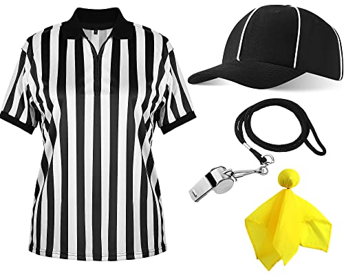 Geyoga 4-teiliges offizielles Schiedsrichter-Kostüm-Set für Herren, weiß und schwarz, gestreift, mit Reißverschluss, Kragen, Hemd, offizieller Schiedsrichterhut, Edelstahlpfeife mit Umhängeband, gelbe von Geyoga