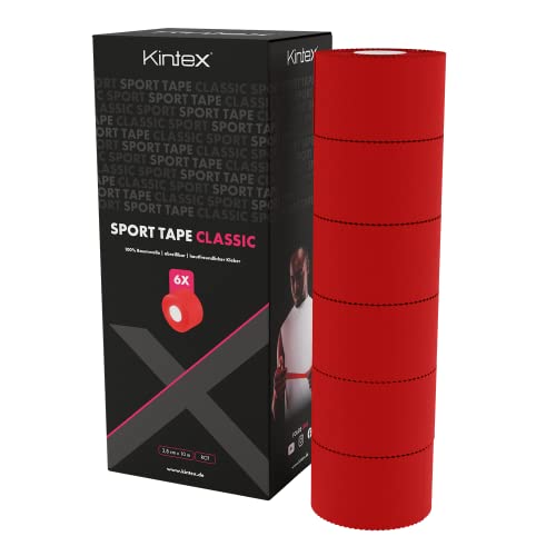 Kintex 6 Rollen Sporttape, 3,8 cm x 10 m, unelastisch, starres Tape, zur Fixierung und Stabilisierung von Gelenken, Fingertape, Tapeverband, hautfreundlich, reißbar (Rot) von Kintex