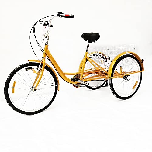 RainWeel Dreirad für Erwachsene 24 Zoll 3 Räder Fahrrad 6 Gang Lastenfahrrad aus Kohlenstoffstahl Tragfähigkeit bis 120kg+25kg(Korb) mit Licht von RainWeel