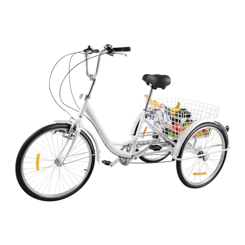 YEITBY 24 Zoll 6 Gang Dreiräder Für Erwachsene, Fahrrad 3 Räder Mit +Kotflügel+Scheinwerfer+Gemüsekorb, Einstellbare Geschwindigkeit Höhe Für Einkaufen, Sport, Freizeit von YEITBY