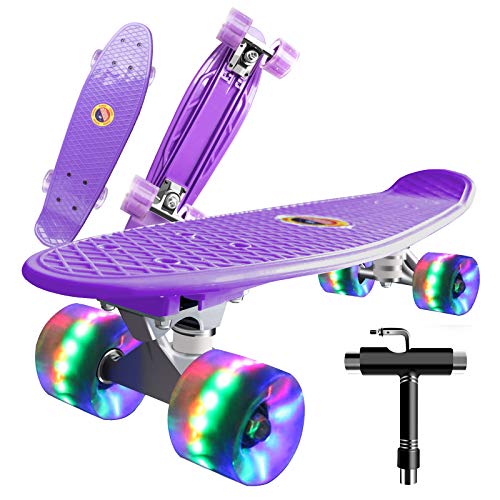 Skateboard komplett 55 cm Mini Cruiser Skateboard für Kinder Jungen Mädchen Jugendliche Erwachsene Anfänger, Retro-Skateboard, ABEC-7 Kugellager, LED-Blitzräder mit All-in-One Skate T-Tool von 通用