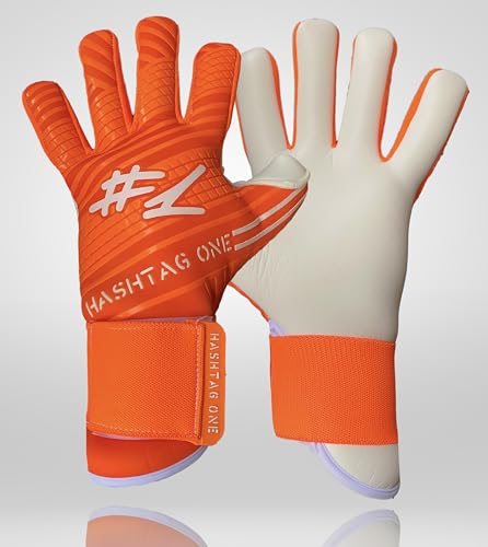 #1 Hashtag One Profi Grip Torwarthandschuhe für Erwachsene, Kinder Torwarthandschuhe, Fußballhandschuhe Herren, Torwarthandschuhe Kinder, Diverse Größe und Farben (5,Orange Weiss) von #1