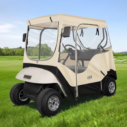 10L0L Golf Cart Abdeckung für 2 Passagiere EZGO TXT & RXV, 600D Super wasserdichte Winddichte Golf Cart Regenhülle, mit 4-seitigem Klarsichtfenster und 8 Winddichten Haken Golf Cart Enclosure von 10L0L