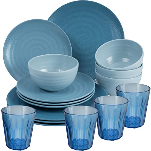 Camping Geschirr Set aus Melamin für 4 Personen - 16 Teile - mit Trinkgläsern - Campinggeschirr blau - Geschirrset Tafelgeschirr von #11