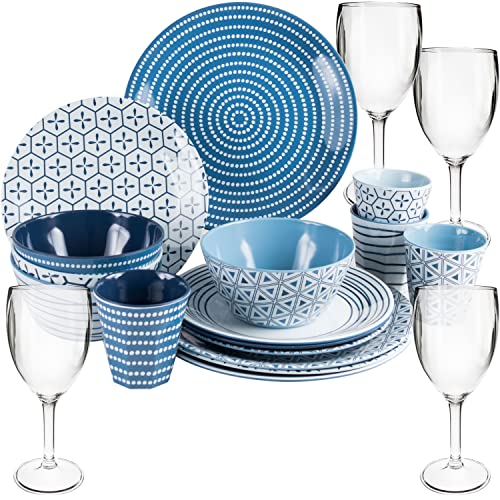 Melamin Camping Geschirr und Glas Set für 4 Personen - 20 Teile - Campinggeschirr - blau weiß - mit Weinglas 290 ml - Gläsern - Essgeschirr von #11