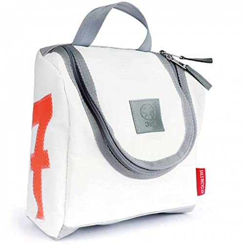 360 Grad Kulturtasche, Waschbeutel, Matrose XL aus Segeltuch, weiß, Zahl neon orange, Gurt dunkelgrau von 360°