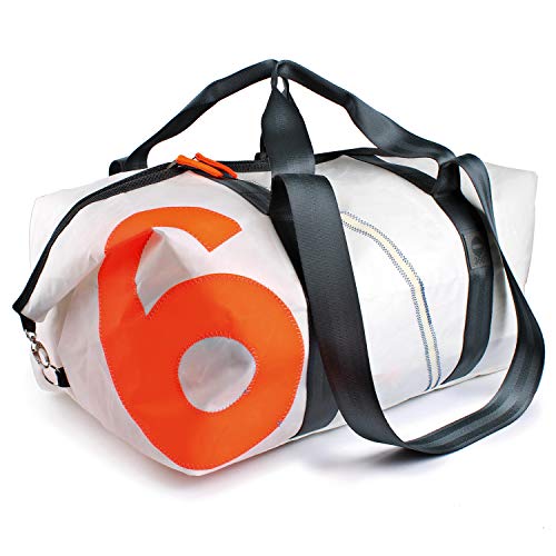 360° Grad Sport-tasche-XL, Rucksack groß, Unisex aus Segeltuch Kutter XL weiß mit Zahl Neon Orange; wetterfest, maritim von 360°