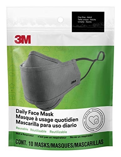 3M Daily Face Mask, Reusable, Washable, Adjustable Ear Loops, Lightweight Cotton Fabric, 10 Pack, Gray von 3m