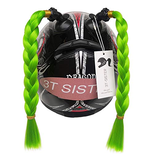 3T-SISTER Helm Pigtails Motorrad Helm Pferdeschwanz Zöpfe Helm Synthetisches Haar mit Saugnapf Dekoration 2 STÜCKE 14 Zoll Grün Farbe + 2 STÜCKE FreiKlebstoff von 3T-SISTER