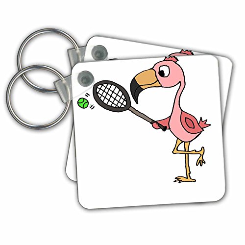 3dRose Funny Cute Pink Flamingo Bird Playing Tennis - Key Chains, 2.25 by 2.25-inch, Set of 2 Schlüsselanhänger, 6 cm, Mehrfarbig (Varies) von 3dRose