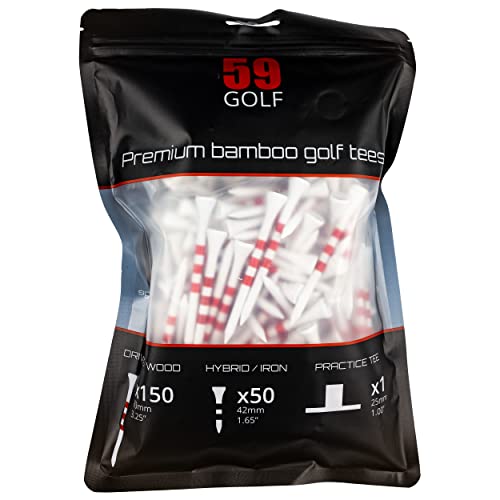 59Golf - 201x Premium Bambus Golf Tee Set: 150x Tees für Driver/Holz + 50x Tees für Hybrid/Eisen + 1x Übungsgummi Tee von 59Golf