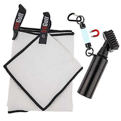 59Golf Reinigungsset: Schäumende Golfschläger Bürste mit Wasserreservoir + Golfschläger Handtuch + Golfball Handtuch + Magnetclip (Weiße Handtücher) von 59Golf