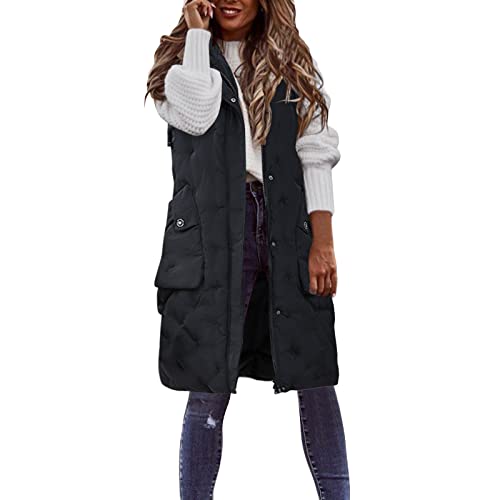 A 21 Damen Lang mit Kapuze Steppweste Daunenweste Leicht Weste Dünn Årmellos Jacke Gesteppte Daunenmantel Warm Winter Outdoor Übergangsjacke Parka Daunen Steppjacke Maxi Mantel Daunenjacke von A 21