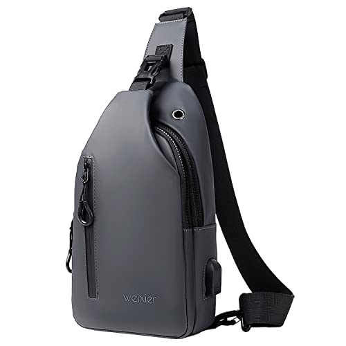 A-QMZL Rucksack mit Schulterriemen für Herren, wasserdicht, Schultergurt, Sling Bag, klein, Crossbody Bag mit USB-Ladeanschluss, für Trekking, Reisen, Schularbeit, grau von A-QMZL