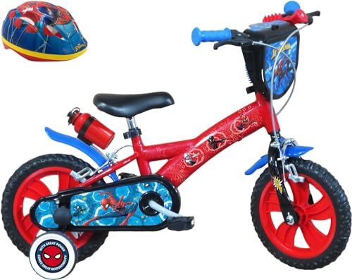 A.T.L.A.S. Jungen Fahrrad 30,5 cm (12 Zoll), ausgestattet mit 2 Bremsen, dekorativer Frontplatte, Schutzblech, Gehäuse, Stabilisatoren und Spiderman-Helm, Rot wie abgebildet, 12'' von A.T.L.A.S.