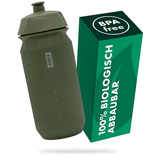 AARON ECO Trinkflasche 100% Biologisch abbaubar, 500 ml, leicht und auslaufsicher, praktische BPA-freie Wasserflasche für Sport, Fitness, Wandern, Outdoor in grün von AARON
