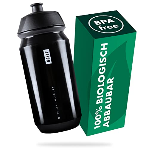 AARON ECO Trinkflasche 100% biologisch abbaubar, 500 ml, leicht und auslaufsicher, praktische BPA-freie Wasserflasche für Sport, Fitness, Wandern, Outdoor in schwarz von AARON