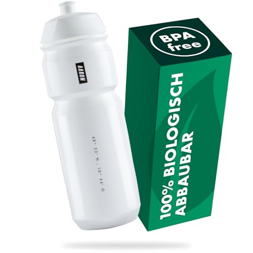 AARON ECO Trinkflasche aus nachhaltigem Zuckerrohr, 750 ml, leicht und auslaufsicher, praktische BPA-freie Wasserflasche für Sport, Fitness, Wandern, Outdoor in weiß von AARON