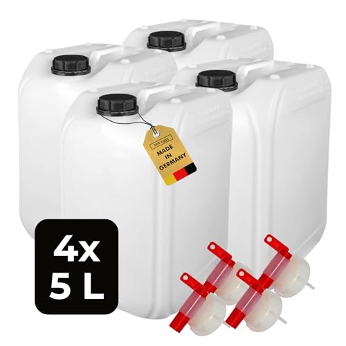 ABACUS® 4X 5 Liter Wasserkanister Natur | Chemiekanister | Auslaufhahn und Deckel (DIN 51) | Lebensmittelecht | Indoor und Outdoor | BPA Frei | Säurefest | Mit Skala zum Ablesen des Füllstands von ABACUS
