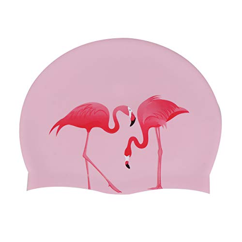 ABOOFAN Silikon-Badekappe, praktisch, wasserdicht, für Schwimmbad, lange Haare, Ohrenschutz, Badekappe für Mädchen und Frauen (Flamingo-Muster) von ABOOFAN