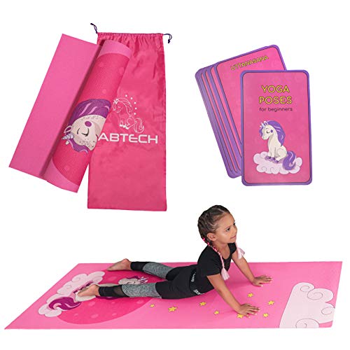 ABTECH Kinder Yogamatte im Set - Lustige Rosa Einhorn Yogamatte für Mädchen - Chemiefrei - Ungiftig - rutschfest - mit 12 Yogakarten von ABTECH