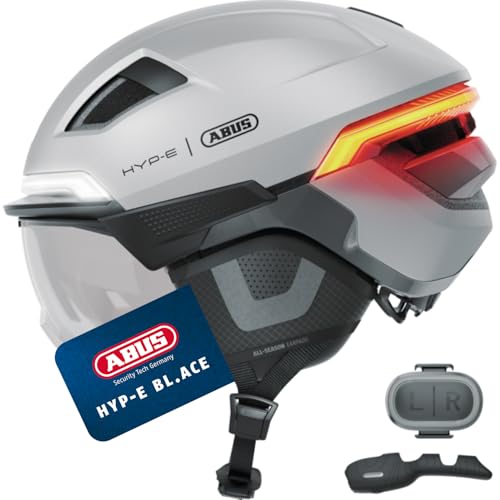 ABUS Fahrradhelm HYP-E B.LACE - mit Front-, Rück- und Blinklicht sowie kabellos zu aktivierendem Bremslicht - mit Visier und Ohrenschützern - für Fahrrad, E-Bike und S-Pedelec - Größe S, Silber von ABUS