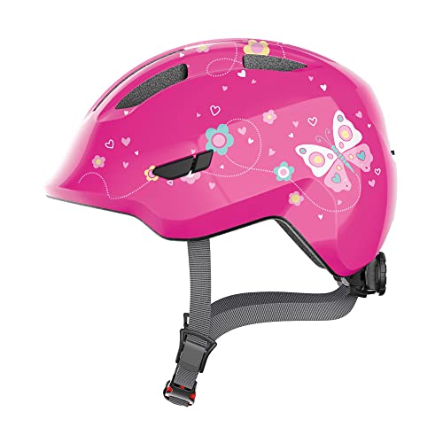 ABUS Kinderhelm Smiley 3.0 - Fahrradhelm mit tiefer Passform, kindergerechten Designs & Platz für einen Zopf - für Mädchen und Jungs - Pink mit Schmetterlings-Muster, Größe M von ABUS
