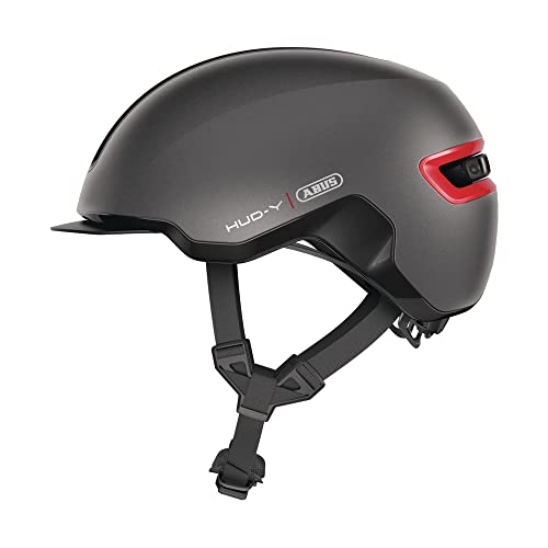 ABUS Urban Helm HUD-Y - mit magnetischem, aufladbarem LED-Rücklicht & Magnetverschluss - cooler Fahrradhelm für den Alltag - für Damen und Herren - Titan/Rot Matt, Größe L von ABUS