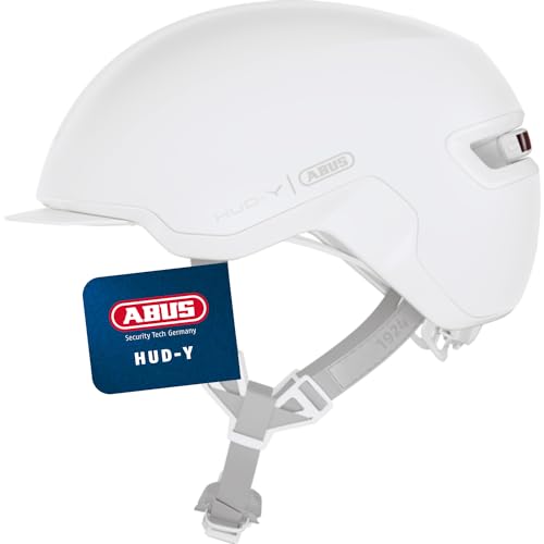 ABUS Urban Helm HUD-Y - mit magnetischem, aufladbarem LED-Rücklicht & Klickverschluss - Cooler Fahrradhelm für den Alltag - für Damen und Herren - Pure White, Größe S von ABUS