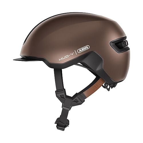 ABUS Urban Helm HUD-Y - mit magnetischem, aufladbarem LED-Rücklicht & Magnetverschluss - Cooler Fahrradhelm für den Alltag - für Damen und Herren - Braun, Größe M von ABUS