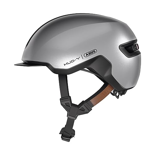 ABUS Urban Helm HUD-Y - mit magnetischem, aufladbarem LED-Rücklicht & Magnetverschluss - Cooler Fahrradhelm für den Alltag - für Damen und Herren - Silber, Größe S von ABUS