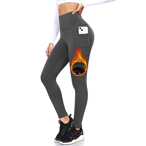 ACTINPUT Thermo Leggings Damen Gefütterte Thermoleggins High Waist Thermohose Winter Warme Sportleggins Strumpfhosen Yogahose Laufhose Sporthose mit Taschen(Dunkelgrau,L-XL) von ACTINPUT