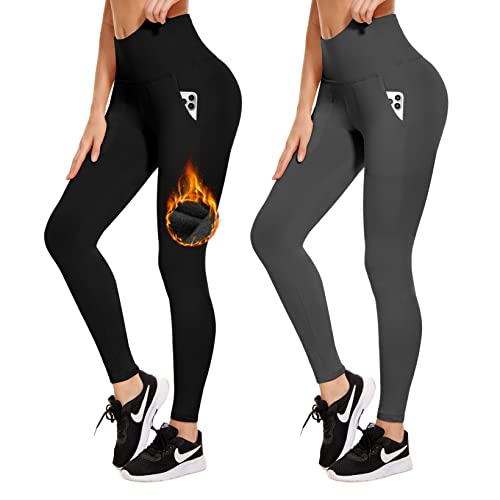 ACTINPUT Thermo Leggings Damen Gefütterte Thermoleggins High Waist Thermohose Winter Warme Sportleggins Strumpfhosen Yogahose Laufhose Sporthose mit Taschen(Schwarz+Grau,L-XL) von ACTINPUT