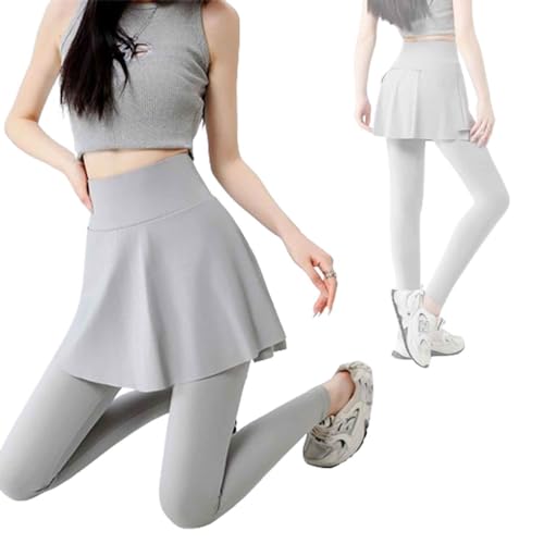 ADovz Gefälschter Zweiteiliger Yoga-Hosenrock mit hoher Taille und Po-Lifter für Damen (L,Milk Gray) von ADovz