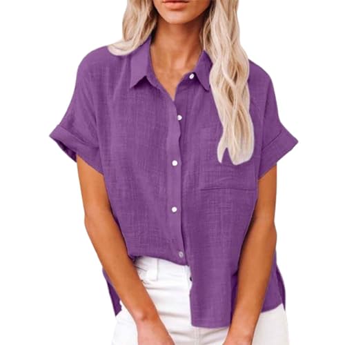ADovz Leinenhemd, kurzärmelig, lockeres Freizeithemd, einfarbige Kurzarmhemden mit Taschen (2XL,Purple) von ADovz