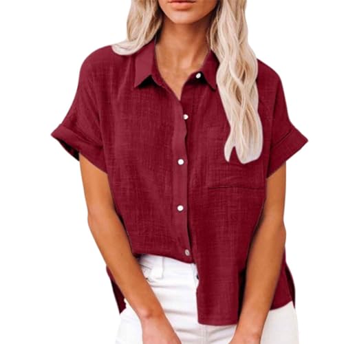 ADovz Leinenhemd, kurzärmelig, lockeres Freizeithemd, einfarbige Kurzarmhemden mit Taschen (2XL,Wine red) von ADovz