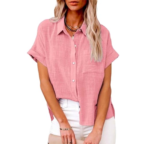 ADovz Leinenhemd, kurzärmelig, lockeres Freizeithemd, einfarbige Kurzarmhemden mit Taschen (2XL,pink) von ADovz