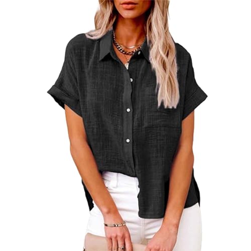 ADovz Leinenhemd, kurzärmelig, lockeres Freizeithemd, einfarbige Kurzarmhemden mit Taschen (XL,Black) von ADovz