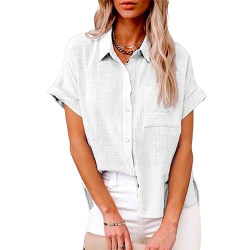 ADovz Leinenhemd, kurzärmelig, lockeres Freizeithemd, einfarbige Kurzarmhemden mit Taschen (XL,White) von ADovz
