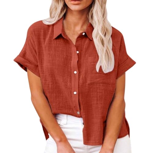 ADovz Leinenhemd, kurzärmelig, lockeres Freizeithemd, einfarbige Kurzarmhemden mit Taschen (XL,orange) von ADovz