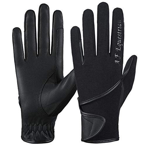 AFE Damen Reithandschuhe Track Stoffhandschuhe Kunstleder Reitsport Schwarz Stretch Stoff Rosa Lila Flieder (Schwarz Fingerprint, S) von AFE