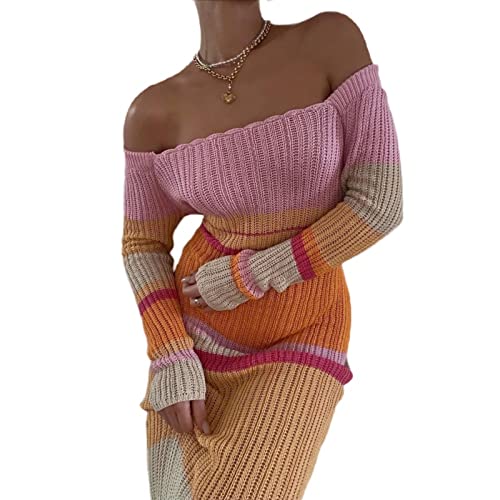 AGALUS Long Color Contrast Off The Shoulder Hollow Out Beach Long Sleeve Knitted Stripe Dress Women,Farbe1,S von AGALUS