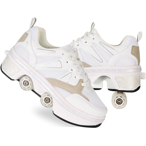 Mädchen und Kinder Rollschuhe Schuhe mit Rollen Verstellbar Quad Kick Roller Skates for Women 2 in 1 Inline-Skates Deformation Sneakers für Anfänger,Grau-40EU von AGLOAT
